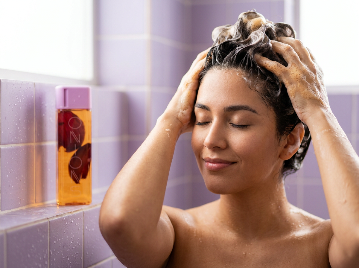Mujer aplicando Shampoo Onions en la ducha