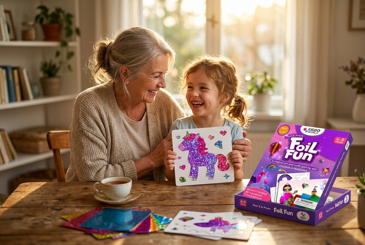 Nagymama az unokájával az asztalnál, a kislány a Foil Fun készletből elkészített csillogó unikornist mutatja