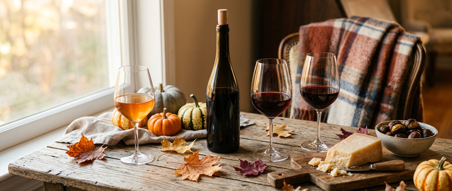 Glasses of red and amber autumn wine on an oak table with fallen leaves, small pumpkins, cheese and roasted chestnuts