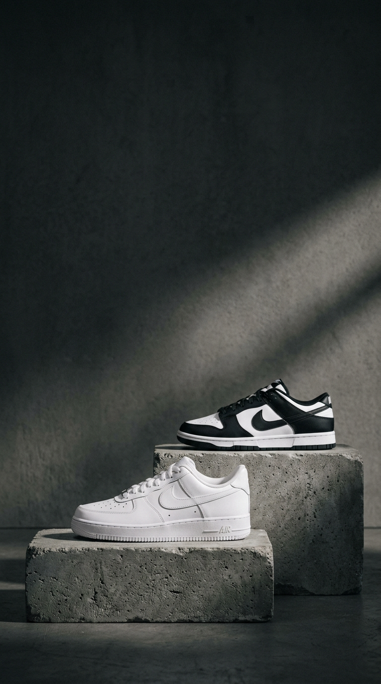 Bílé tenisky Nike Air Force 1 Low a černobílé Nike Dunk Low na betonových podstavcích v tmavém studiu