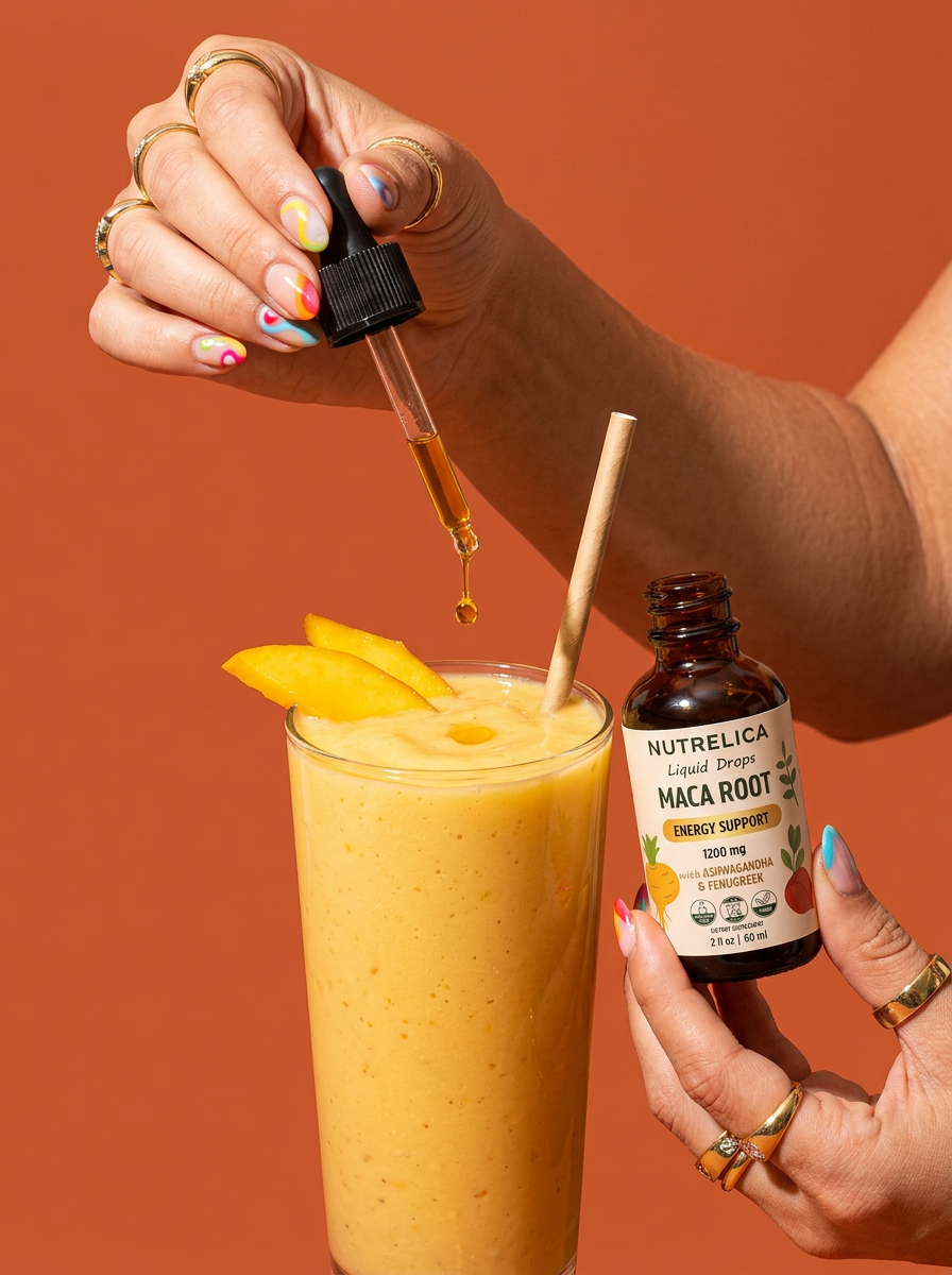 A hand adding NUTRELICA Maca Root drops from the dropper into a mango smoothie