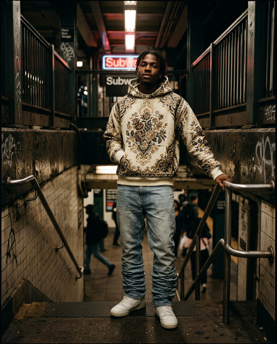 Man in an oversized cream tapestry hoodie, baggy stacked denim and white sneakers on a subway stairwell