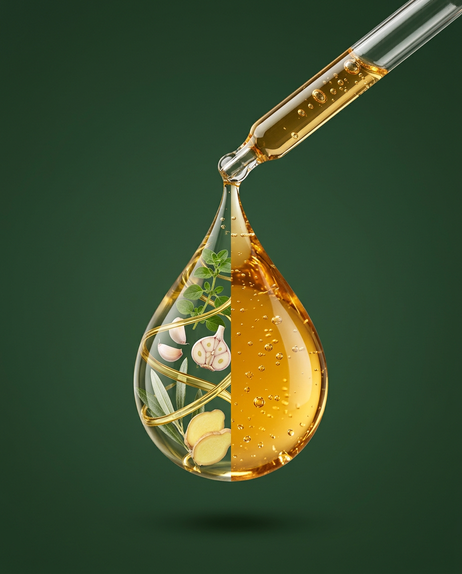 Glass dropper releasing a golden drop of Oregano Oil, half filled with its key ingredients