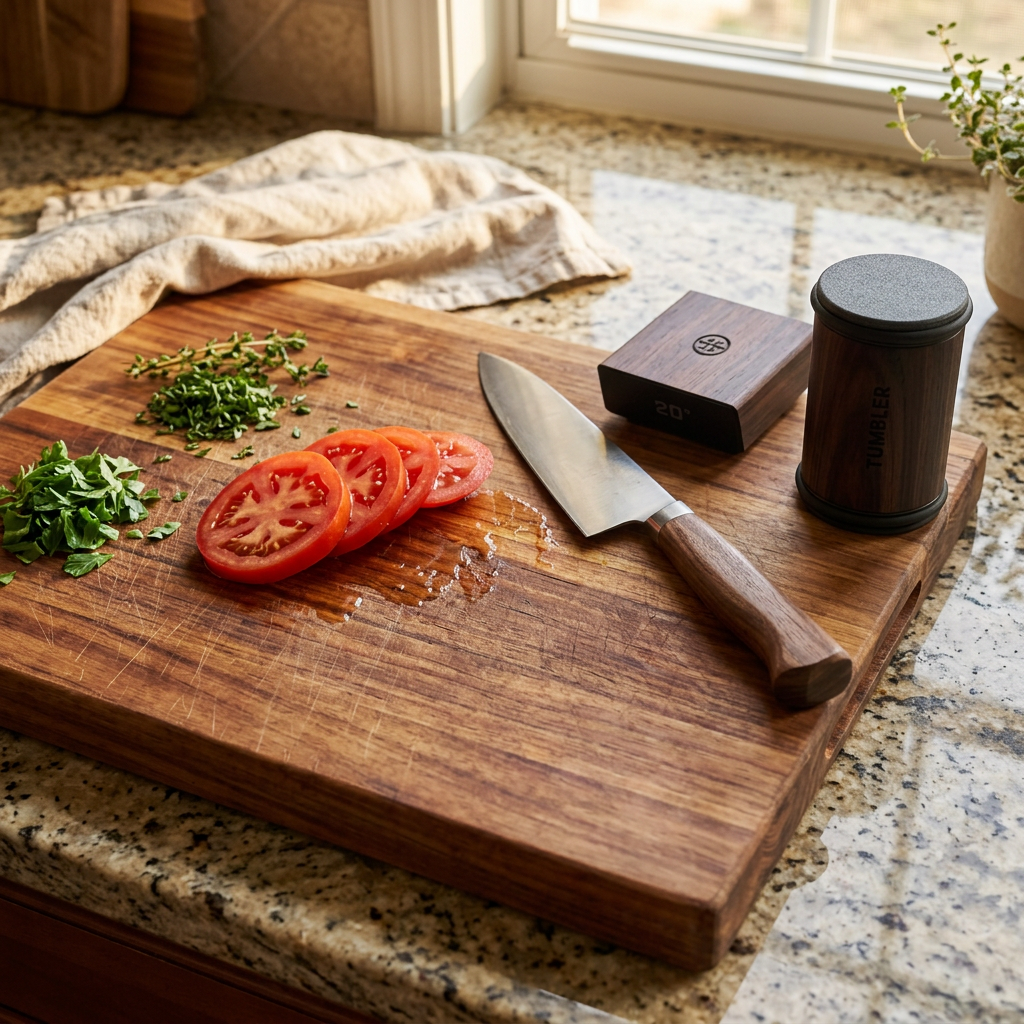 Wooden cutting board with sliced tomatoes and herbs, a walnut-handled chef's knife, and the ebony Tumbler Pro with its angle block