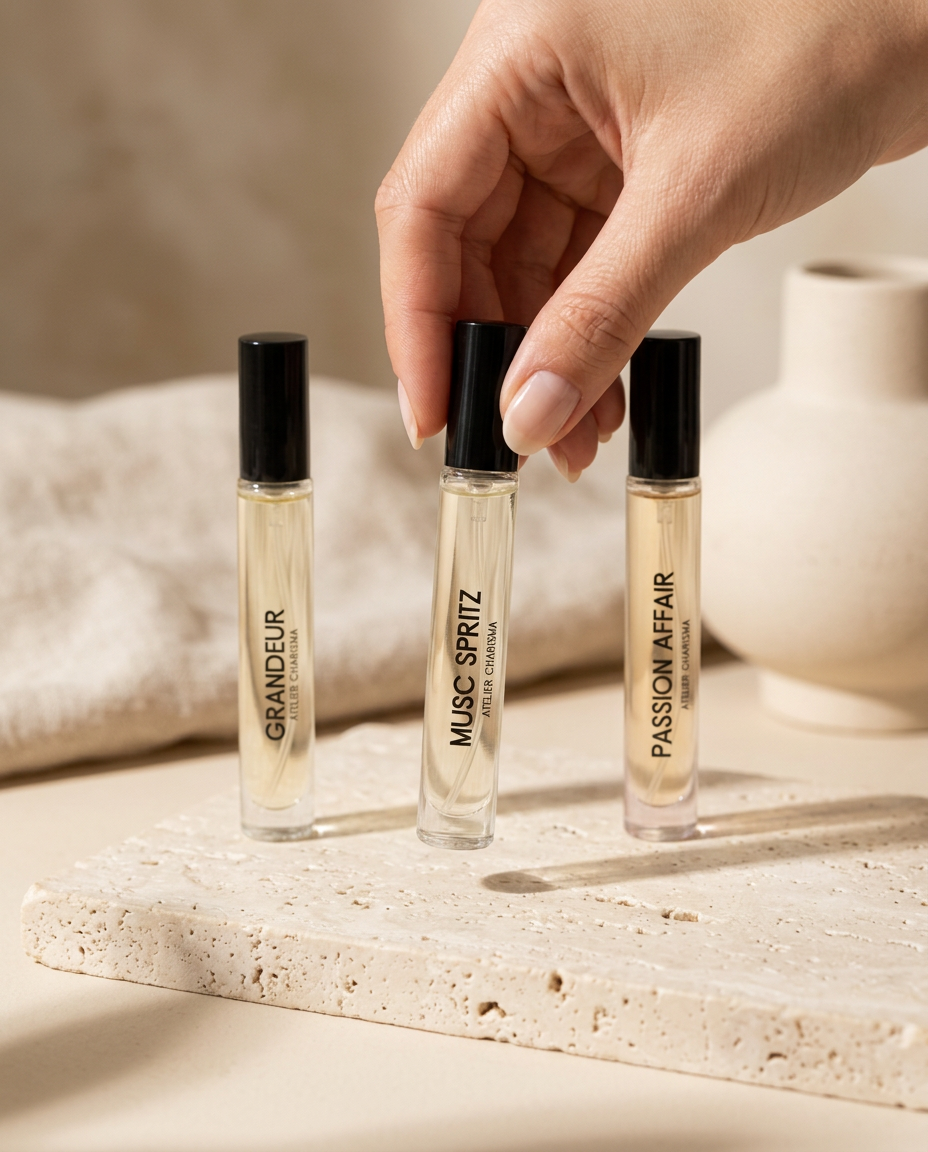 A hand choosing one slim Extrait vial from a row of three on a pale stone ledge
