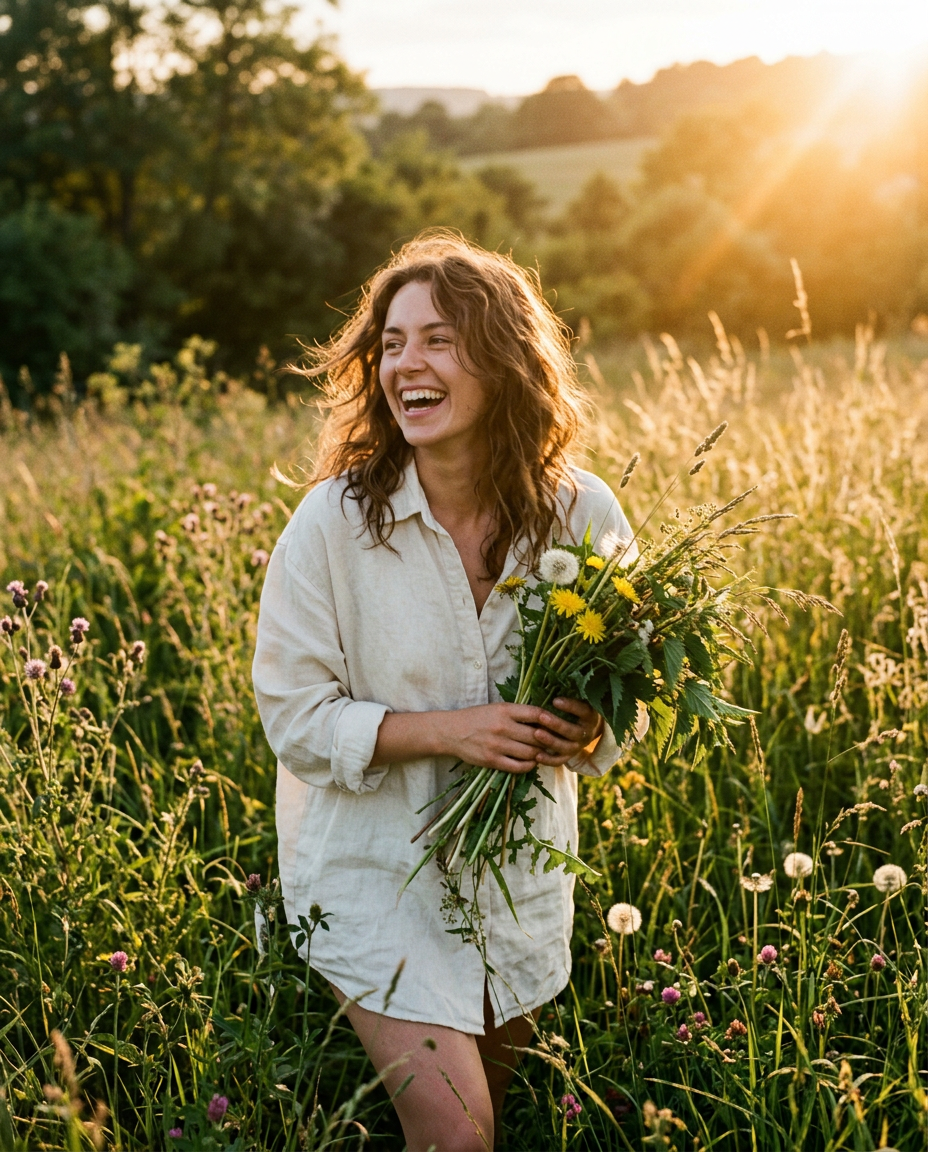 Woman laughing in a wild meadow at golden hour, holding freshly picked herbs and dandelions