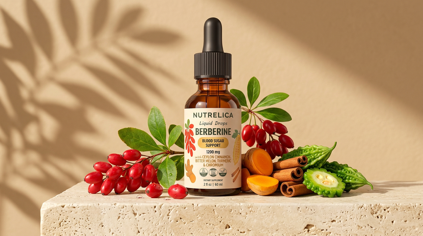 NUTRELICA Berberine liquid drops on a travertine stone with fresh barberry clusters, cut turmeric root, cinnamon sticks and bitter melon under soft leaf shadows
