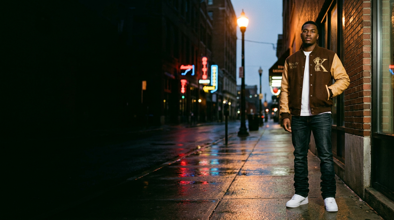 Man in a brown and tan King of Kings varsity jacket, stacked denim and white sneakers on a neon-lit city street at dusk