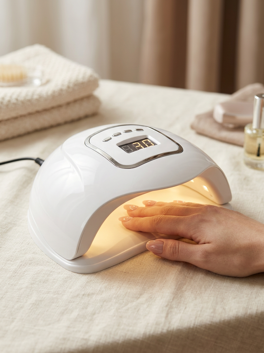 Hand met verse polygel nagels onder de Ultra Performance LED-lamp