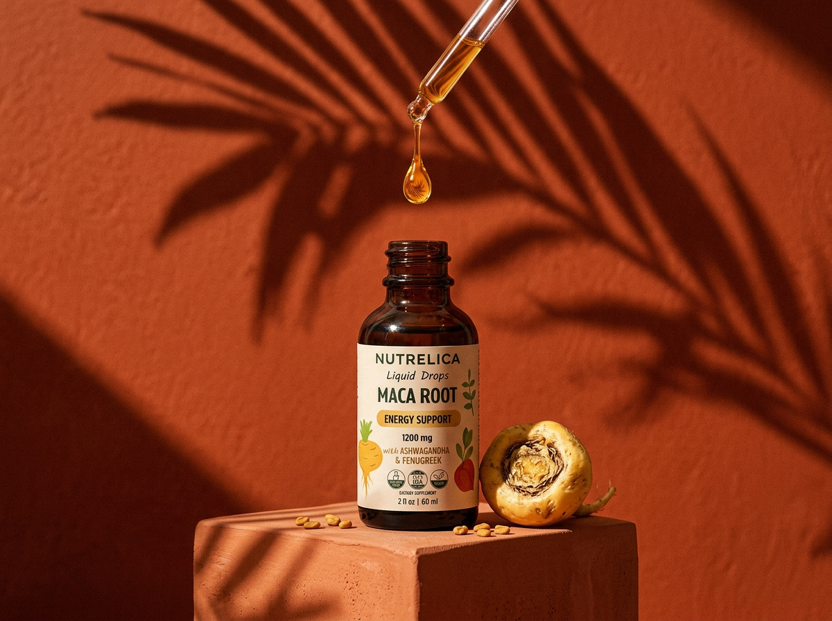 A golden drop falling into a NUTRELICA Maca Root bottle on a terracotta block with palm shadows