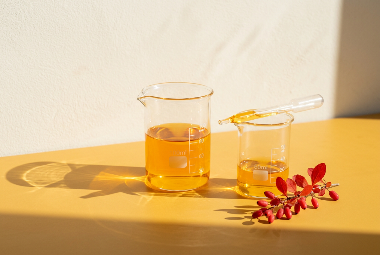 Modern glass beakers and a dropper of golden botanical extract in hard sunlight beside a barberry sprig