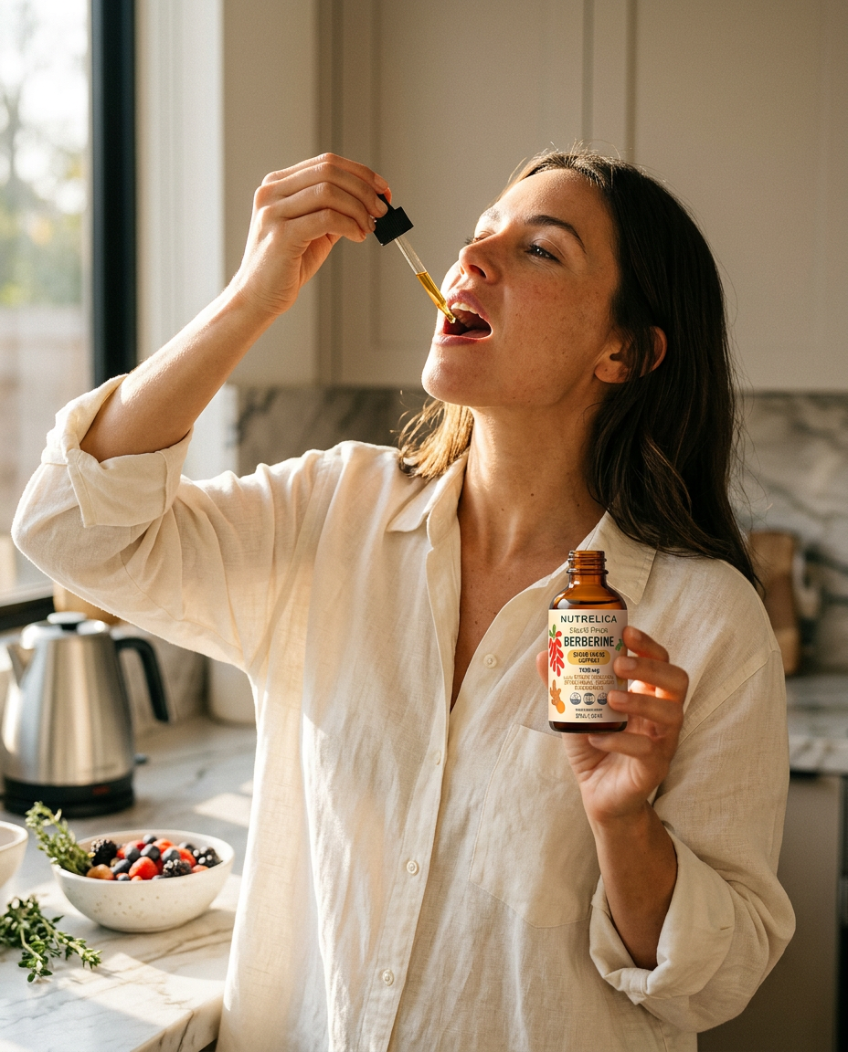 Woman in a sunlit kitchen taking NUTRELICA Berberine Drops from a dropper, holding the bottle in her other hand