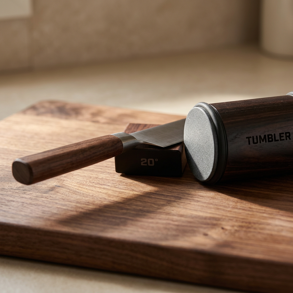 Walnut-handled chef's knife resting on the angle block marked 20°, with the ebony Tumbler Pro lying beside the edge, ready to roll