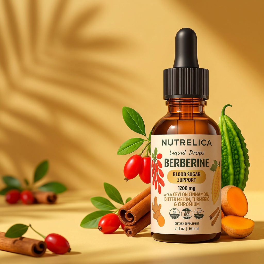 Berberine Liquid Formula with Ceylon Cinnamon, Bitter Melon, Turmeric & Chromium bottle on a sunlit yellow backdrop with its botanicals