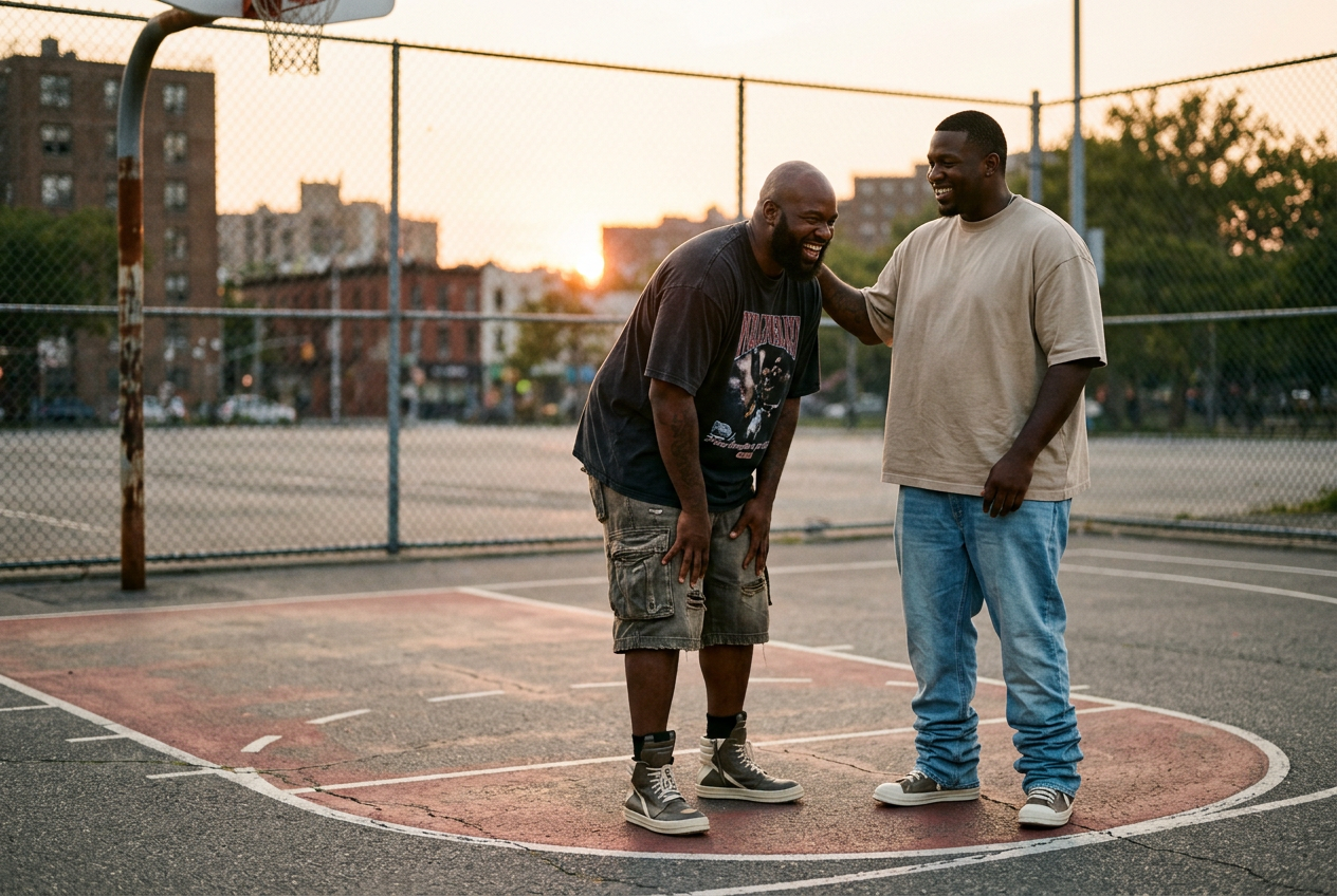 Two big and tall men in relaxed jeans, cargo shorts and oversized tees laughing on a city basketball court at sunset