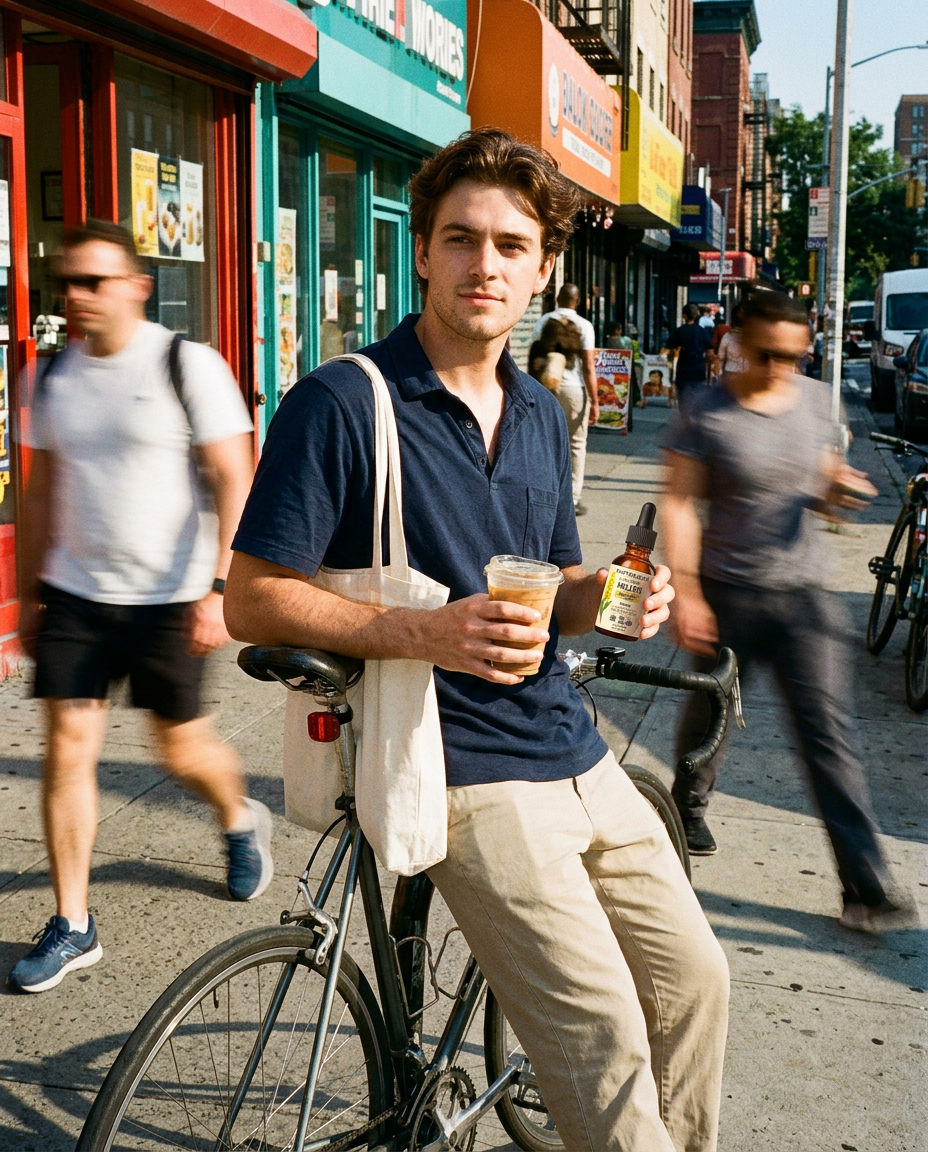 Man leaning on his bike on a busy city street with an iced coffee and a NUTRELICA bottle