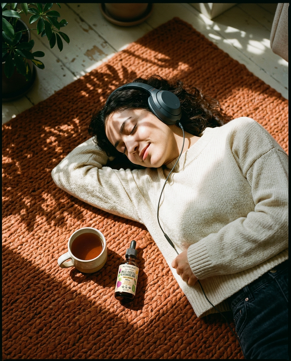Woman relaxing on a rust-colored rug with headphones, tea and a NUTRELICA bottle beside her