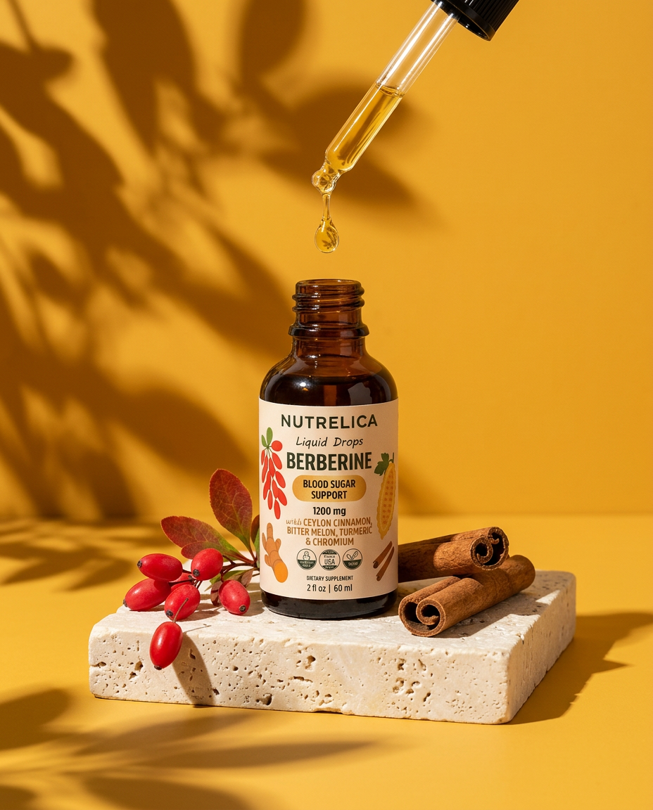NUTRELICA Berberine Drops bottle on travertine with barberries and cinnamon as a golden drop falls from the dropper
