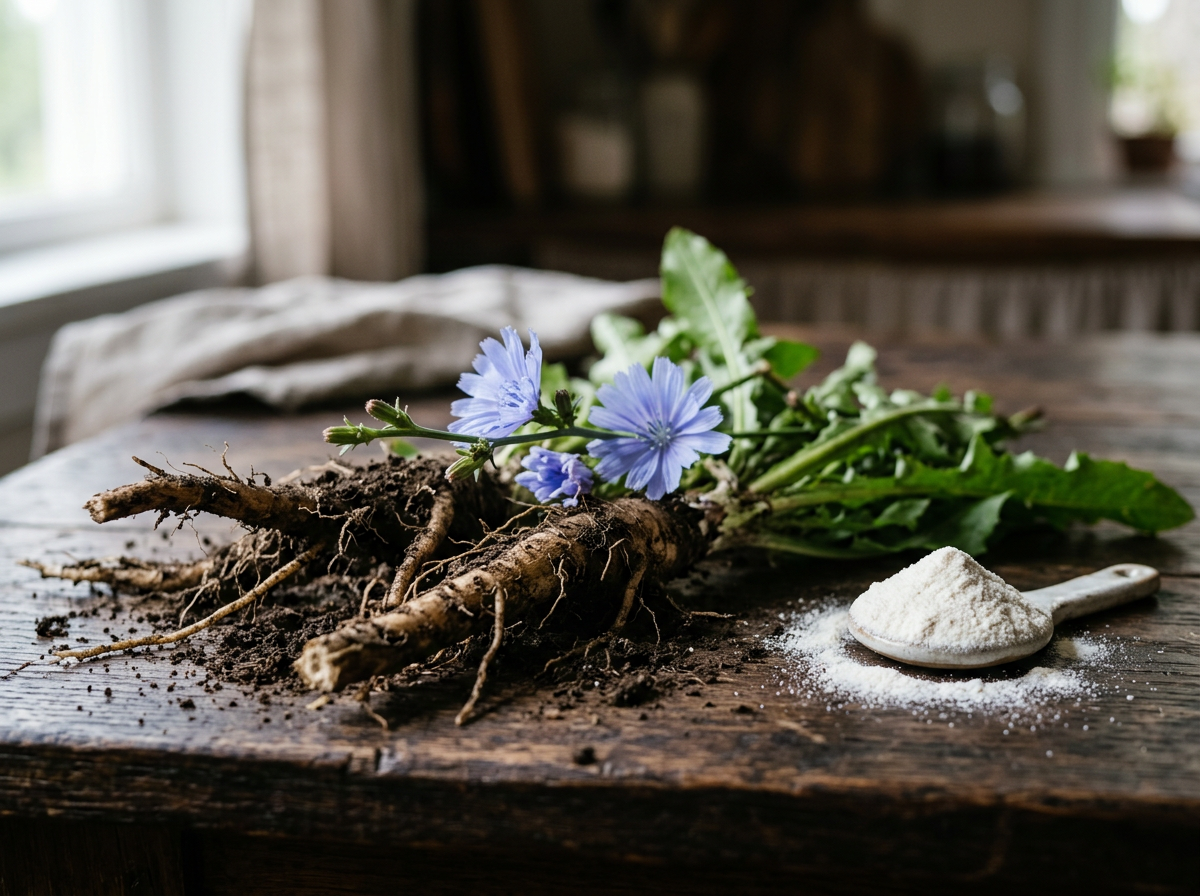 Fresh chicory roots and flowers beside a pile of inulin powder