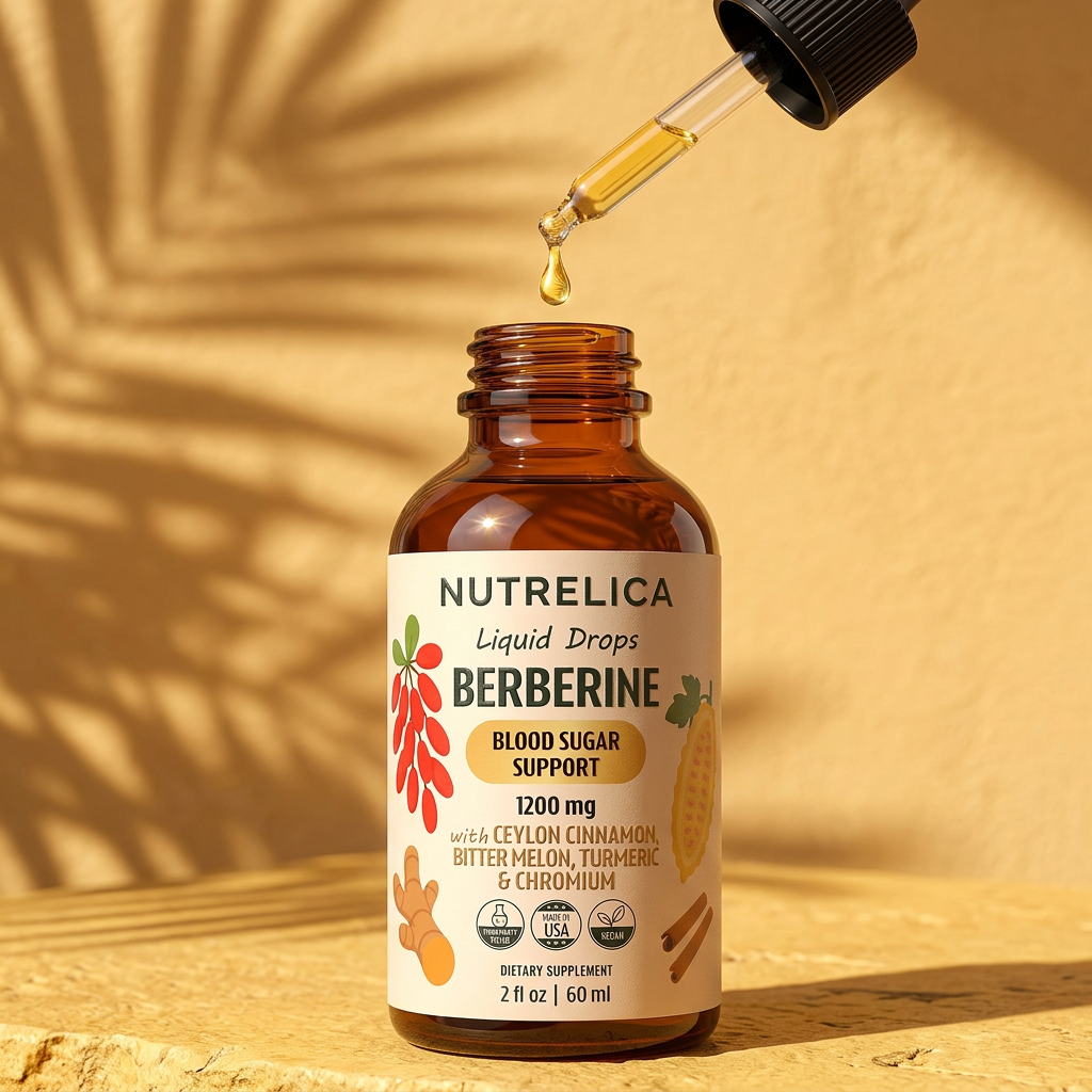Berberine Liquid Formula with Ceylon Cinnamon, Bitter Melon, Turmeric & Chromium amber dropper bottle in warm sunlight