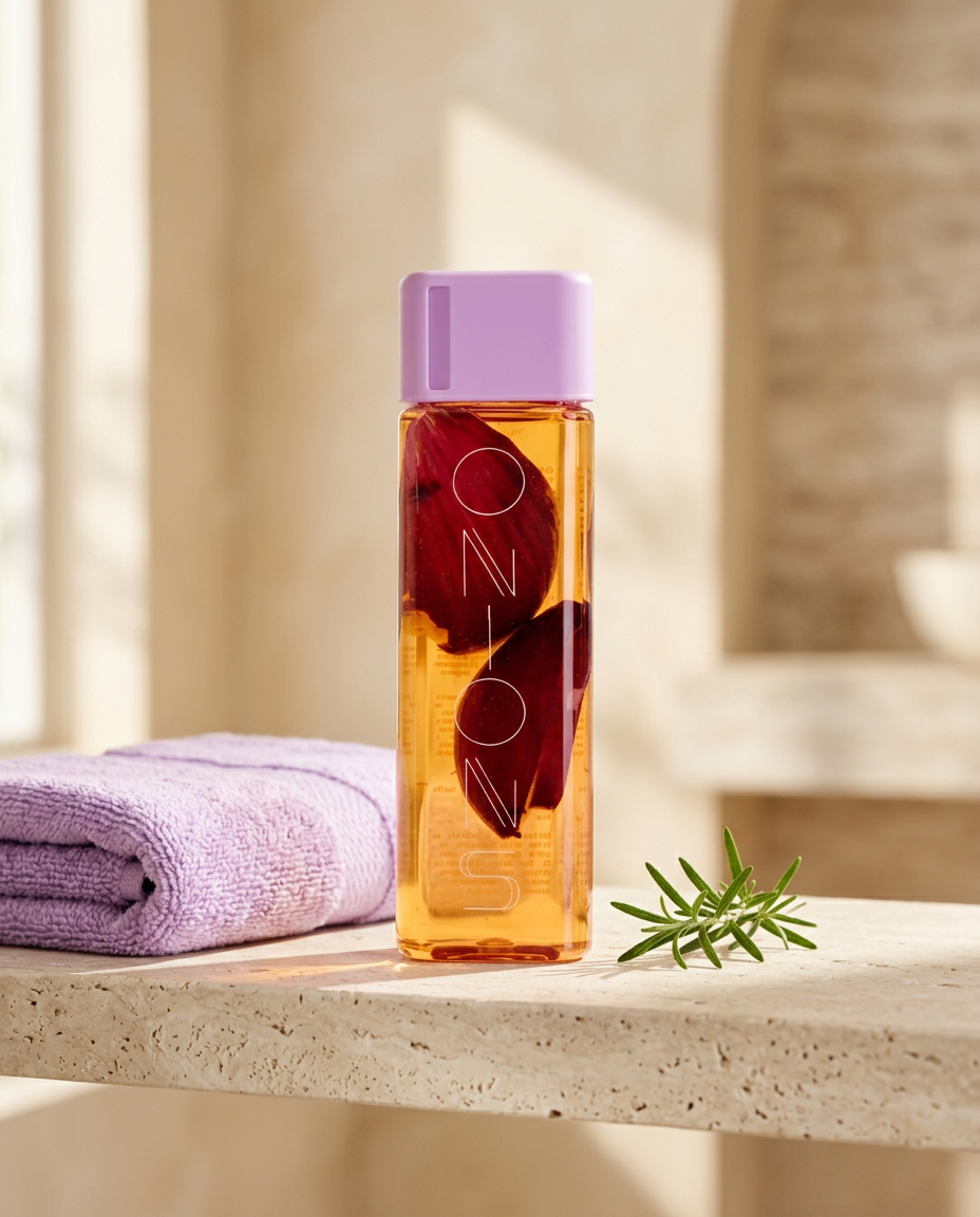 Shampoo Onions en un estante de baño junto a una toalla lavanda