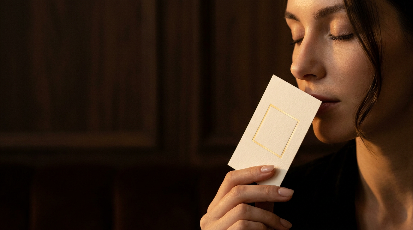 A woman with closed eyes smelling an ivory Atelier Charisma scent card in warm low light