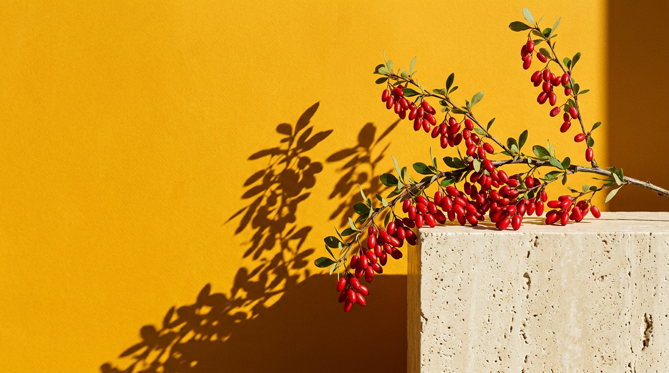 Branch of red barberry berries on a travertine plinth against a turmeric-yellow wall with crisp leaf shadows