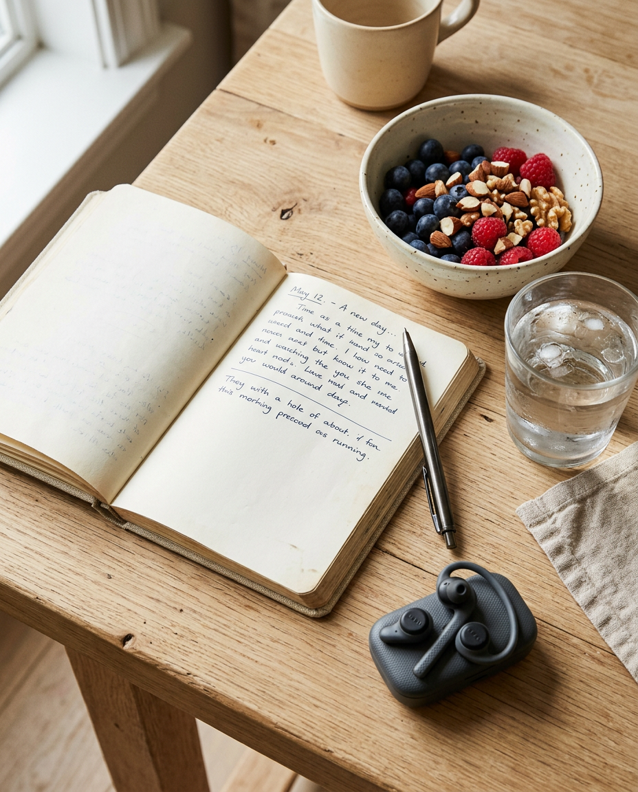 A handwritten journal, a glass of water and a bowl of berries on a sunlit kitchen table