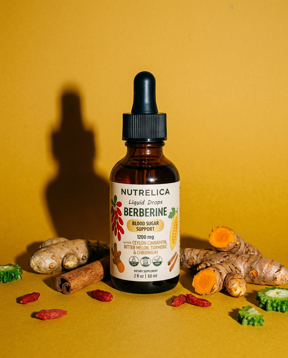 NUTRELICA Berberine drops on a mustard backdrop with ginger, turmeric and cinnamon