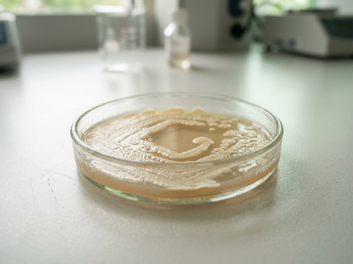 Petri dish with a cream-coloured live culture