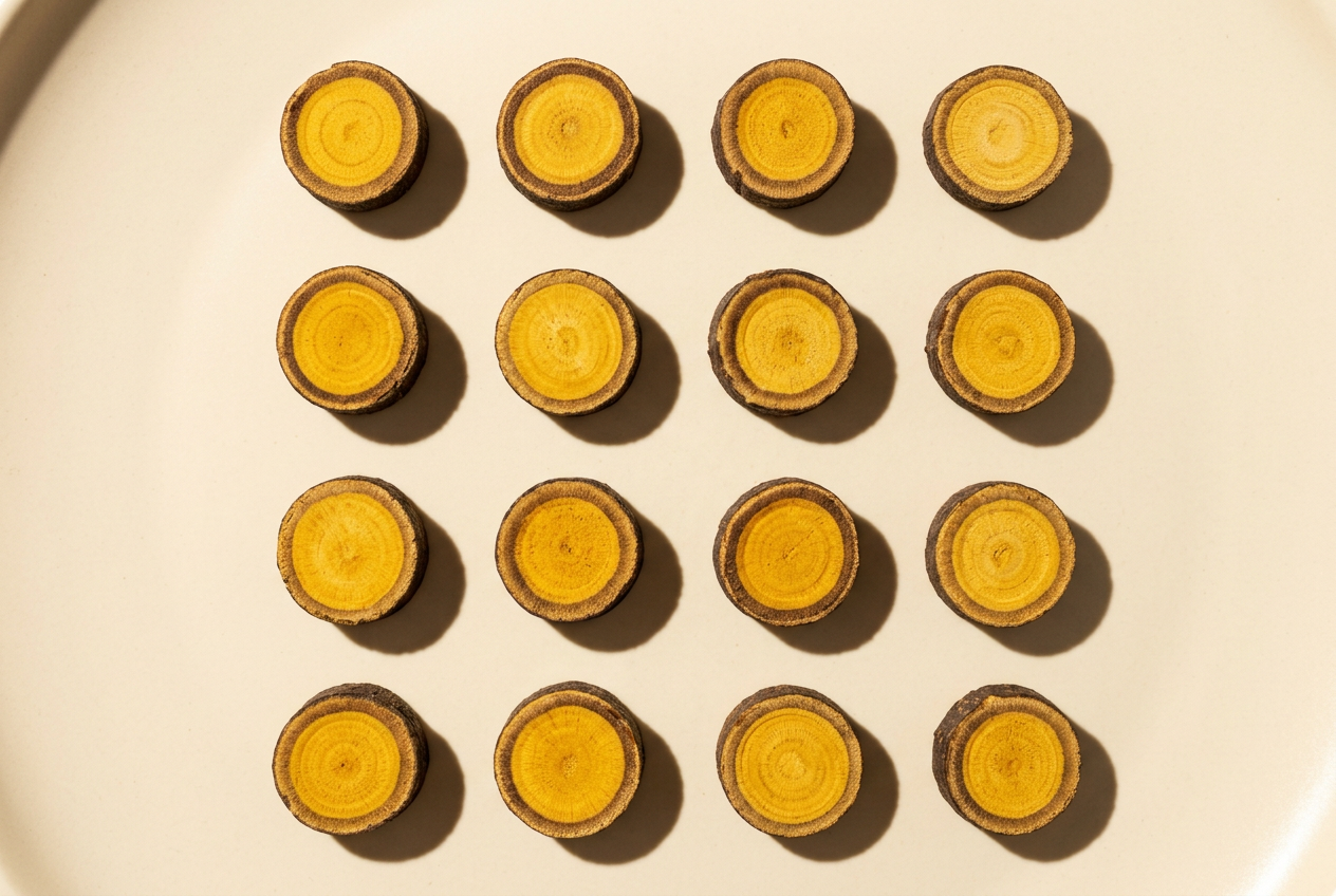 Grid of cut barberry root slices revealing their natural golden-yellow interior