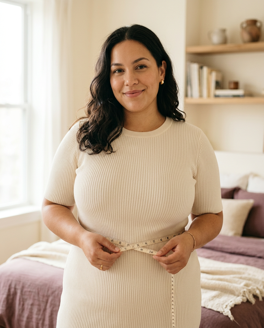 Woman in a cream knit top measuring her waist with a soft tape measure