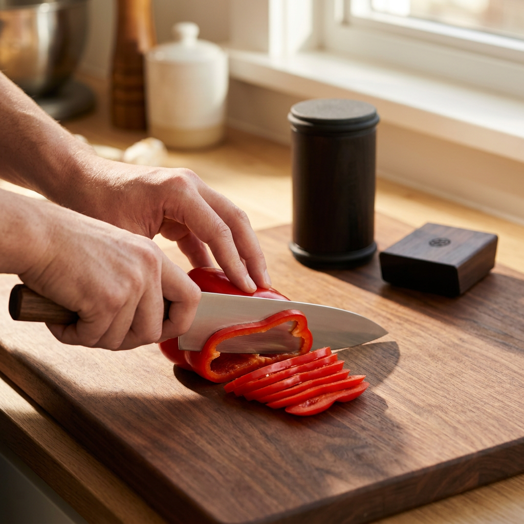 Hands slicing a red bell pepper with a walnut-handled chef's knife, the ebony Tumbler Pro and angle block on the same board