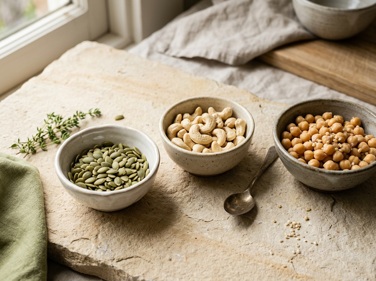 Bowls of pumpkin seeds, cashews and chickpeas, natural sources of zinc
