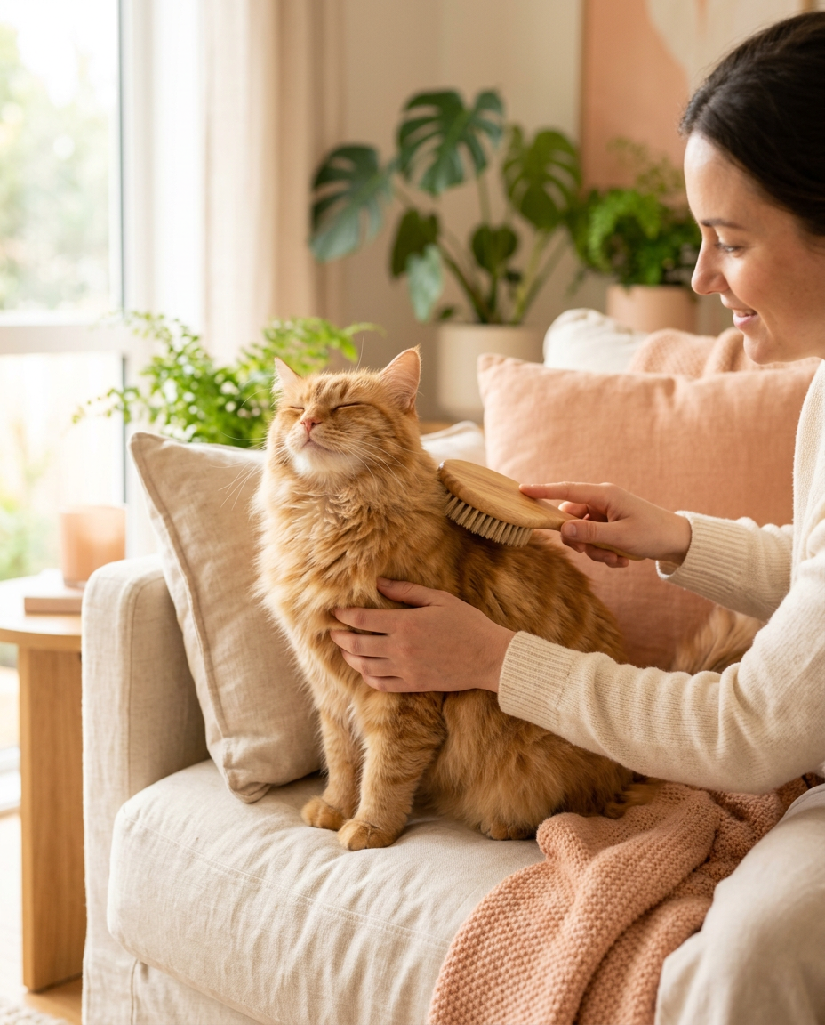 Gatto rosso a pelo lungo spazzolato dalla sua umana sul divano