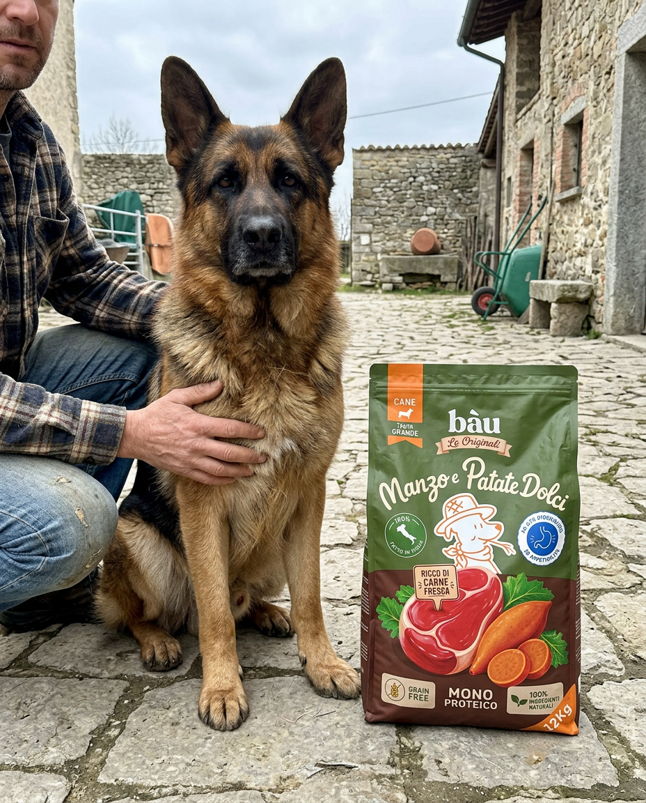 Un pastore tedesco in cortile accanto al sacco Le Originali Manzo e Patate Dolci taglia grande