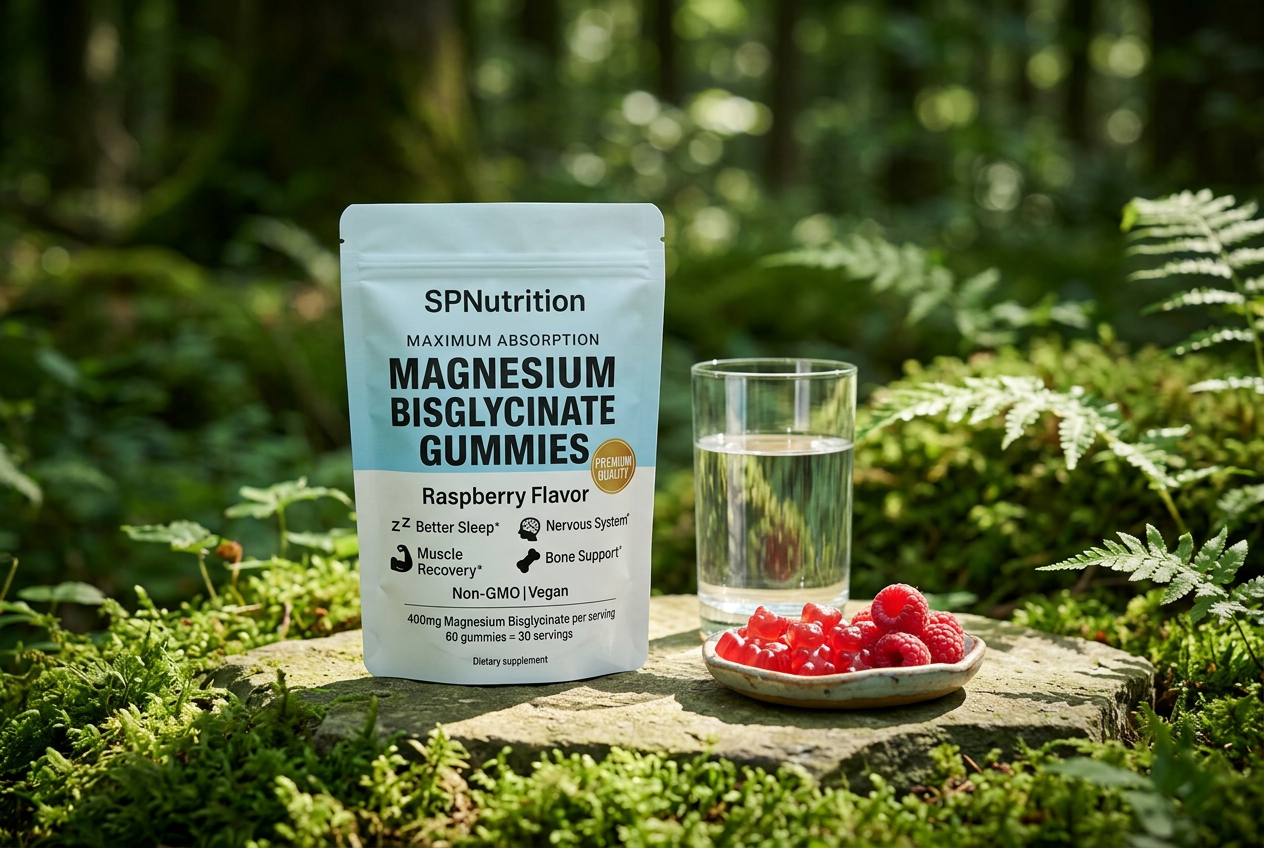 Magnesium gummies pouch on a mossy stone in a sunlit forest with a glass of water