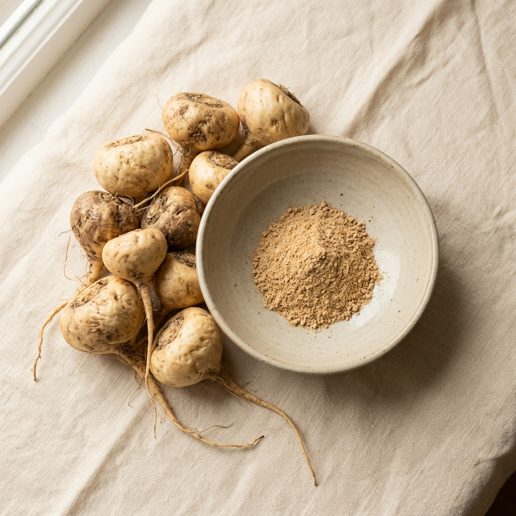 Whole maca roots with maca powder