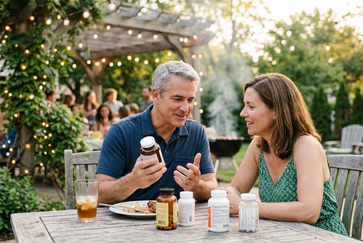 Doctor examining a supplement bottle at a backyard barbecue