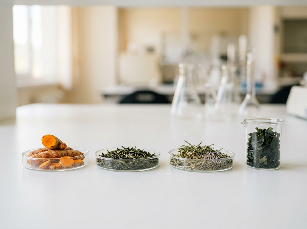 Ingredienti botanici in capsule di Petri e beker su un banco di laboratorio