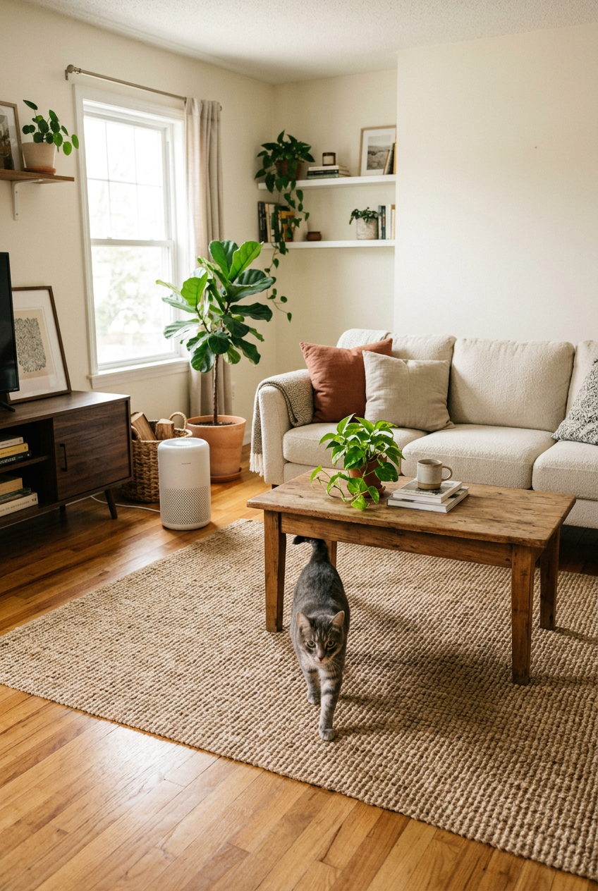 Grey tabby walking through a bright living room with the purifier by the console