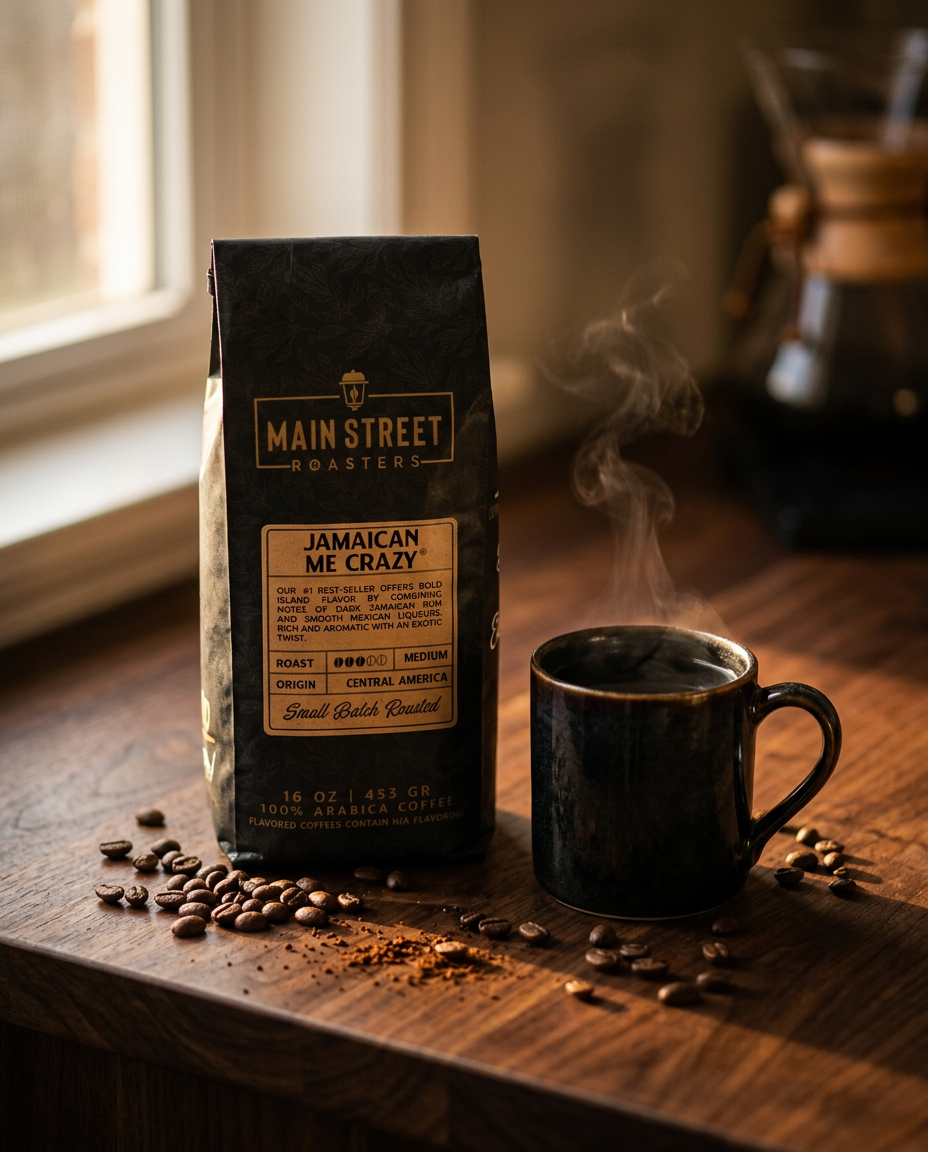 Jamaican Me Crazy coffee bag beside a steaming mug on a wooden counter