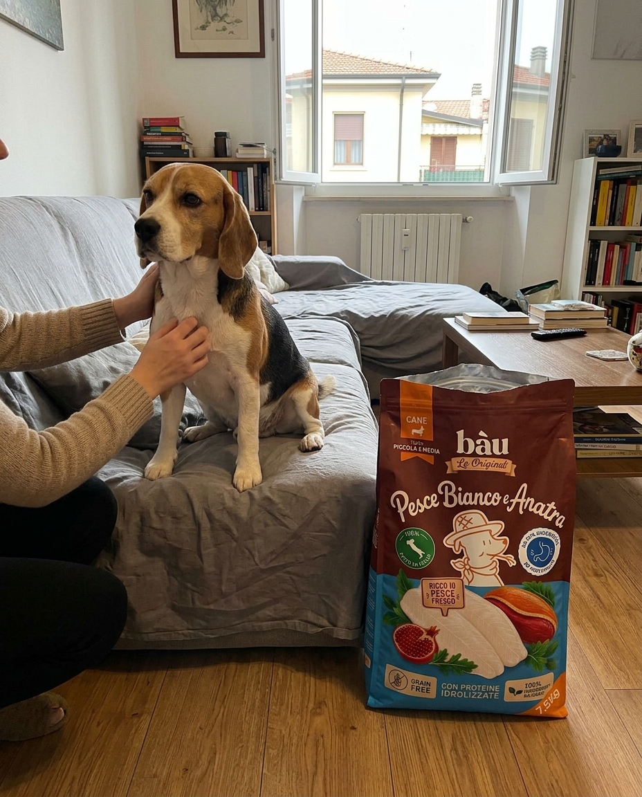 Un beagle accarezzato sul divano accanto al sacco Le Originali Pesce Bianco e Anatra