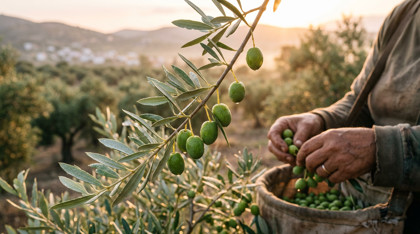Young green olives on a branch during an early-morning harvest in a Greek olive grove