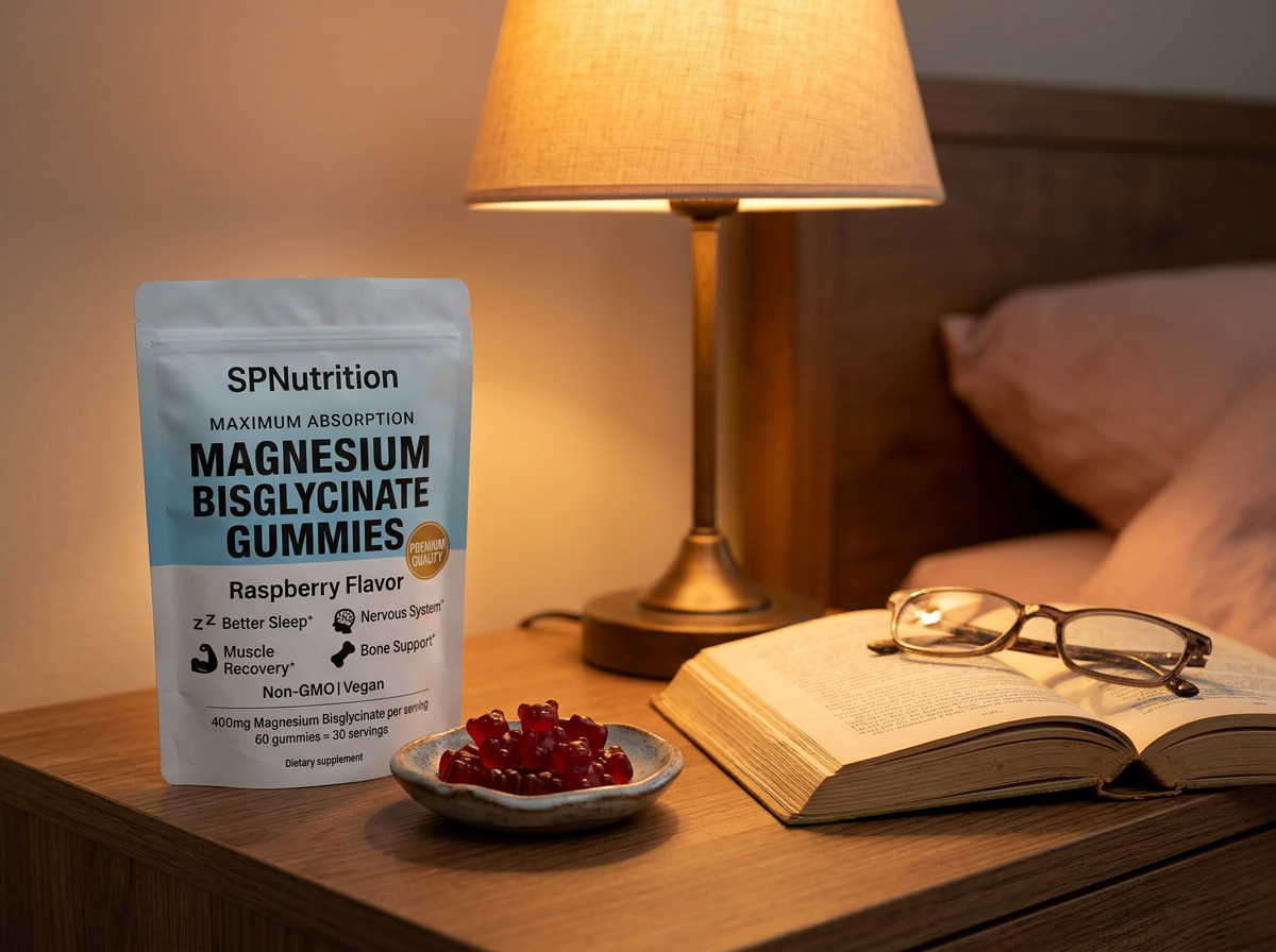 SPNutrition gummies pouch on a nightstand beside raspberry gummies and a reading lamp