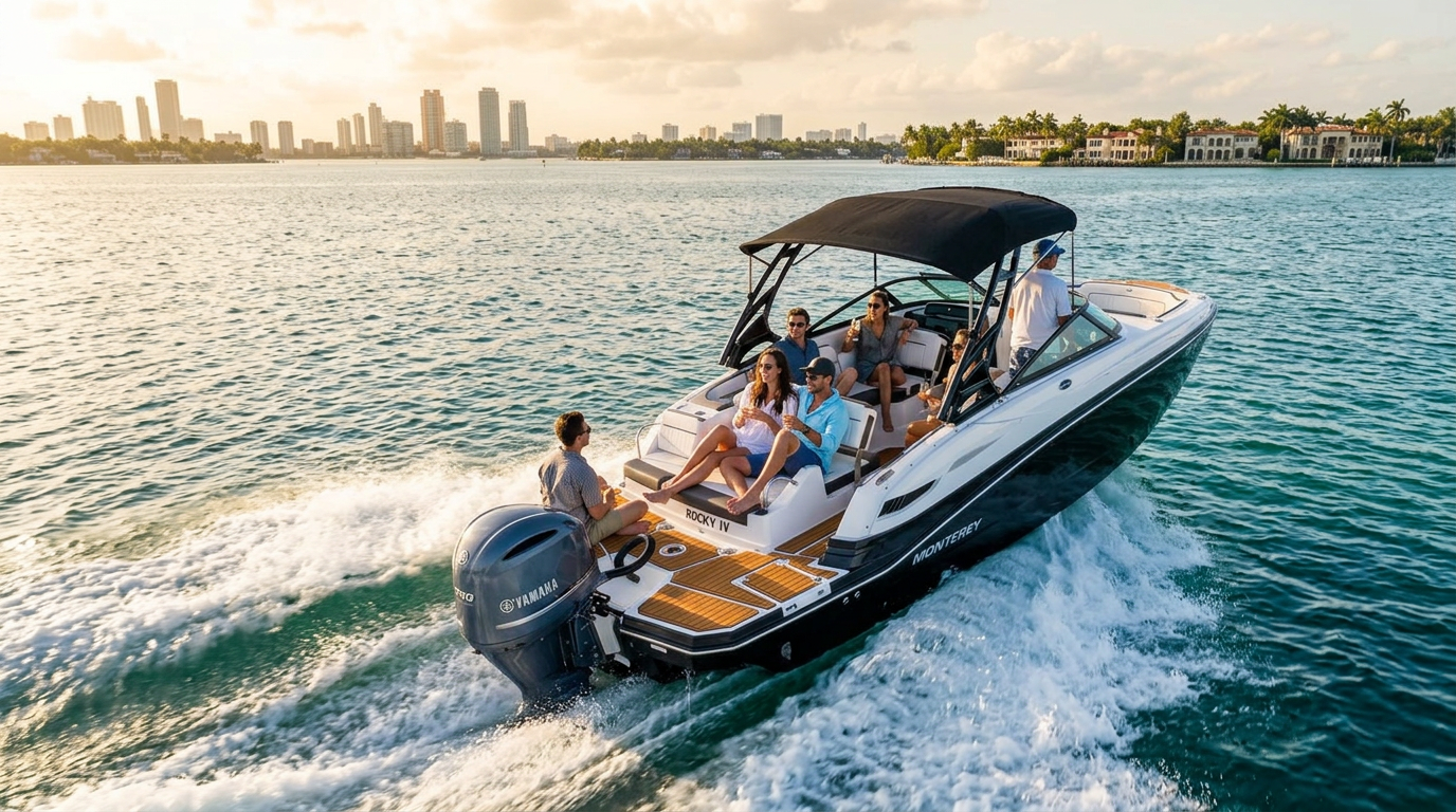Small group of guests sharing a captained dayboat cruise across Biscayne Bay with the Miami Beach skyline behind them