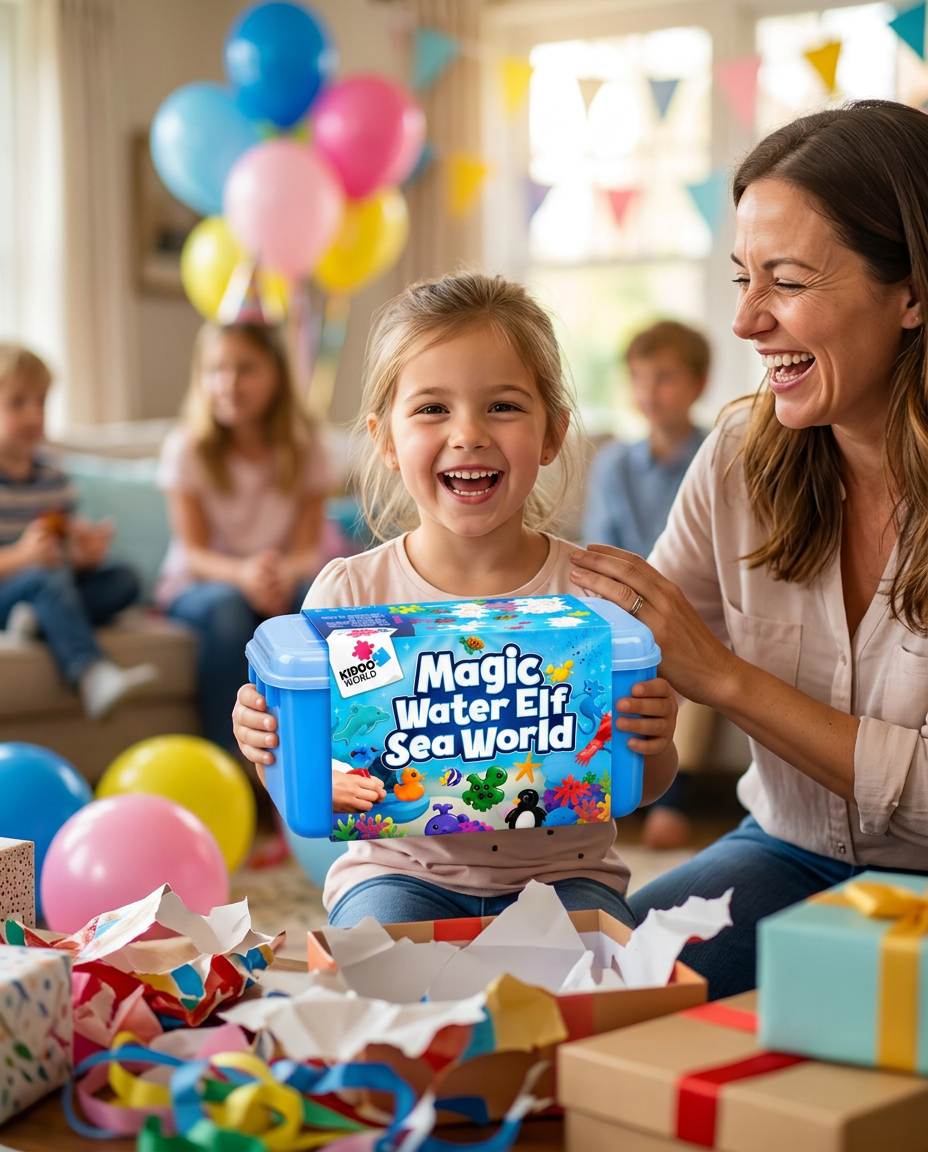 Kislány a születésnapi zsúron boldogan mutatja a kibontott Magic Water Elf készletet, mellette nevet az anyukája