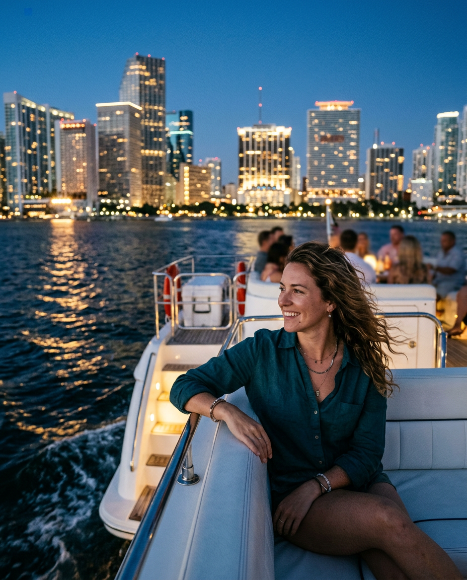 Solo traveler smiling at the stern of the boat as the Miami skyline glitters at blue hour