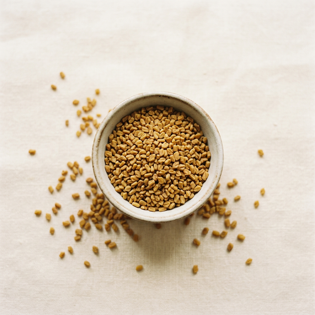 Fenugreek seeds in a small ceramic bowl