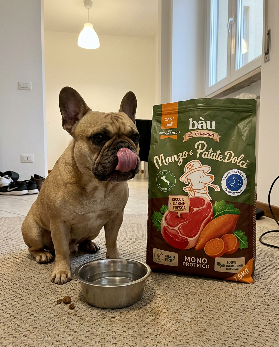 Un bulldog francese soddisfatto accanto alla ciotola vuota e al sacco Le Originali Manzo e Patate Dolci